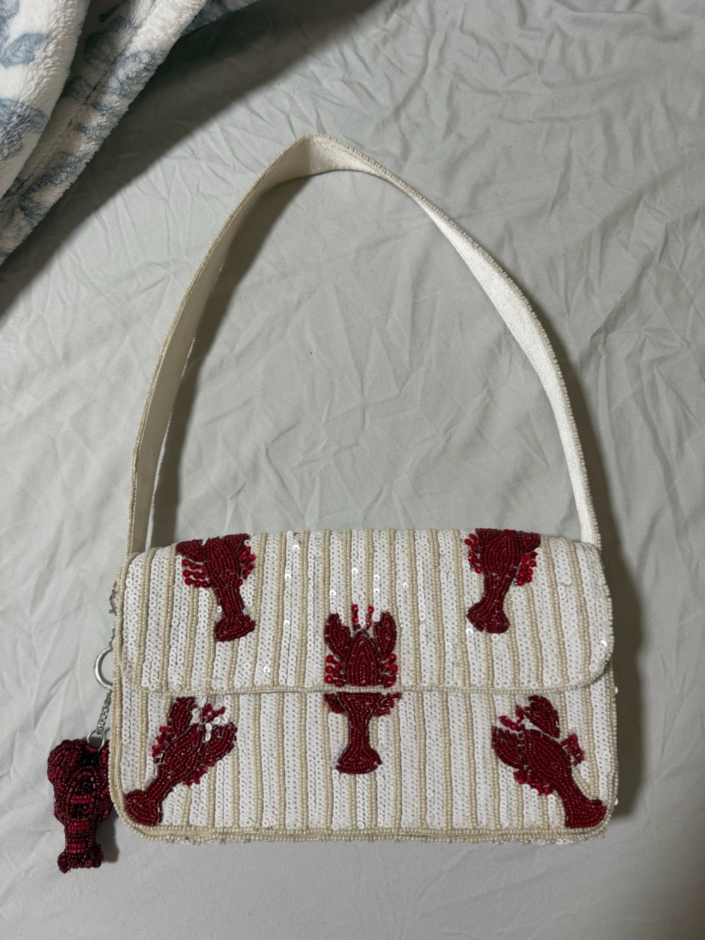White Sequin Crossbody Bag with Red Embroidered Accents